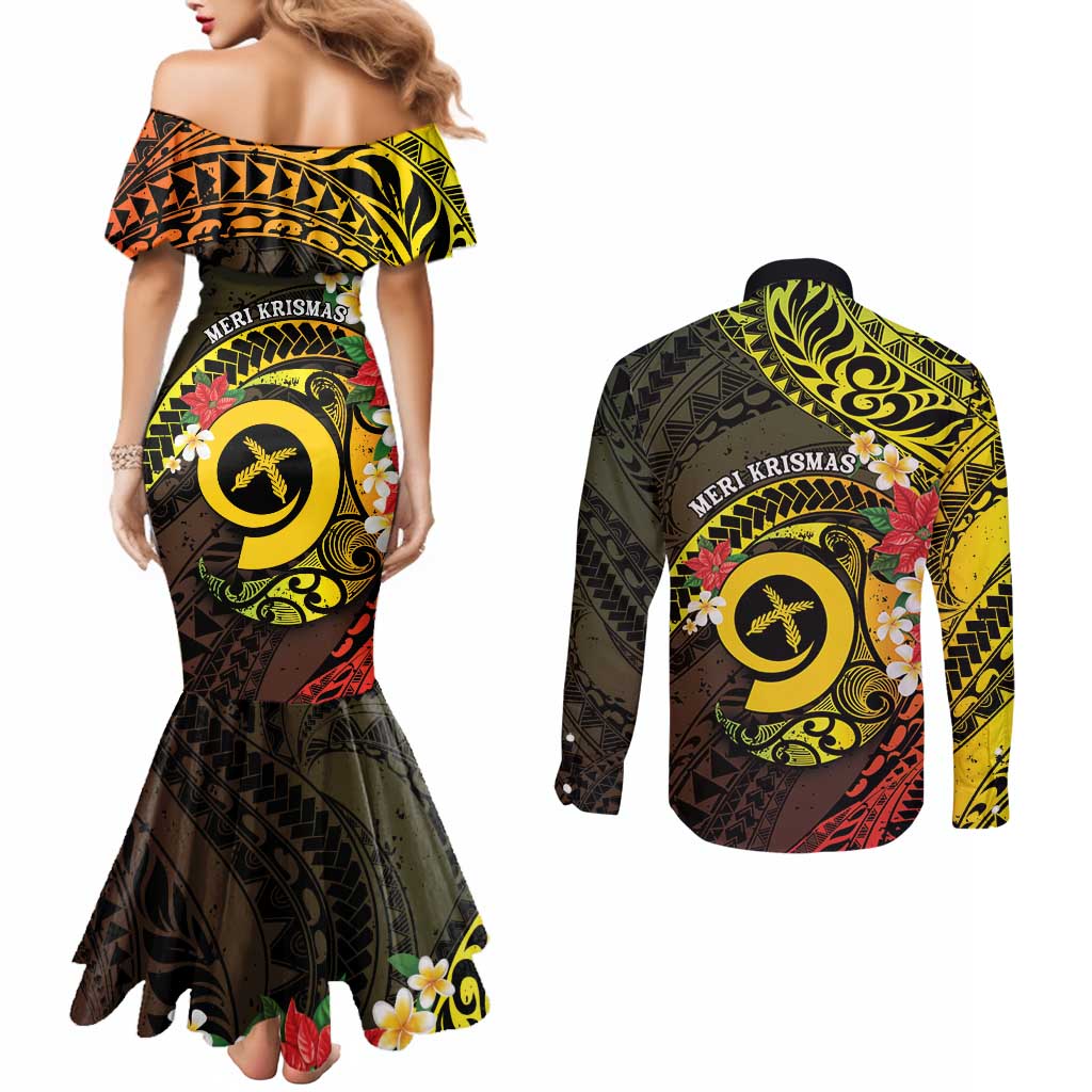 Vanuatu Christmas Couples Matching Mermaid Dress and Long Sleeve Button Shirt Vanuatuan Pig Tusk - Meri Krismas! LT14 - Polynesian Pride