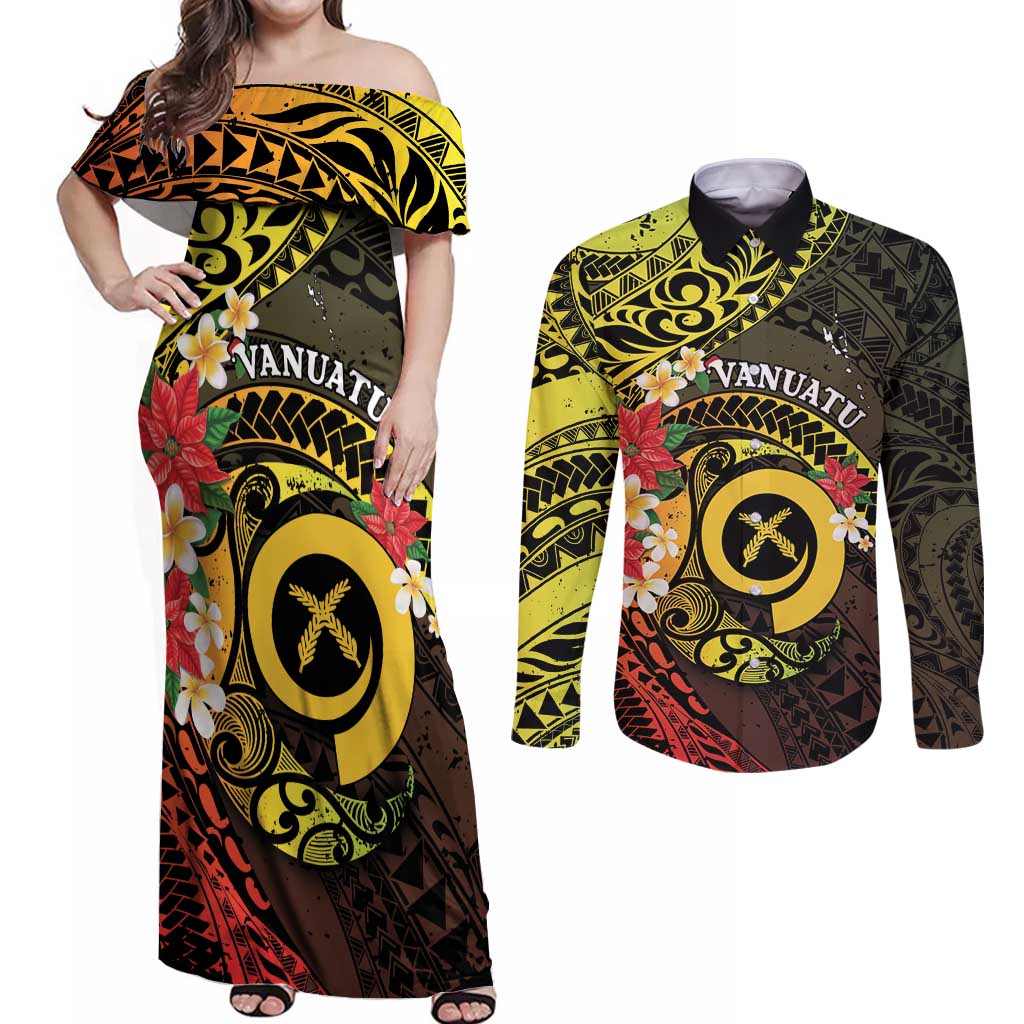 Vanuatu Christmas Couples Matching Off Shoulder Maxi Dress and Long Sleeve Button Shirt Vanuatuan Pig Tusk - Meri Krismas! LT14 Black - Polynesian Pride