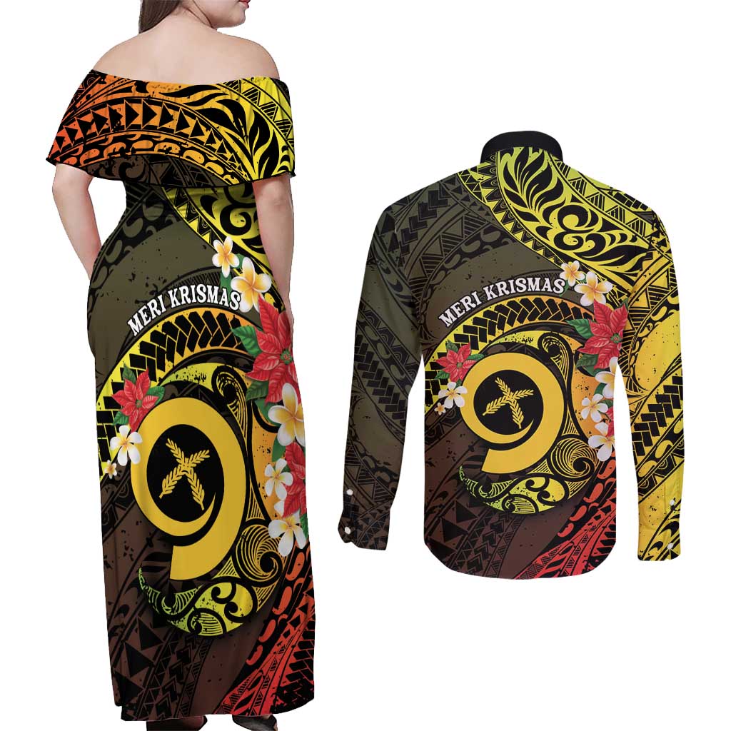 Vanuatu Christmas Couples Matching Off Shoulder Maxi Dress and Long Sleeve Button Shirt Vanuatuan Pig Tusk - Meri Krismas! LT14 - Polynesian Pride