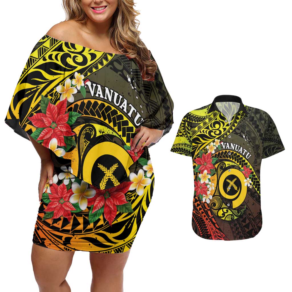 Vanuatu Christmas Couples Matching Off Shoulder Short Dress and Hawaiian Shirt Vanuatuan Pig Tusk - Meri Krismas! LT14 Black - Polynesian Pride