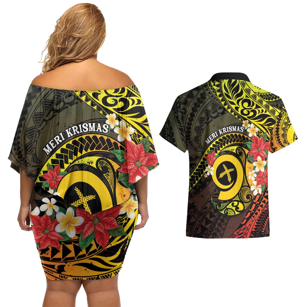 Vanuatu Christmas Couples Matching Off Shoulder Short Dress and Hawaiian Shirt Vanuatuan Pig Tusk - Meri Krismas! LT14 - Polynesian Pride