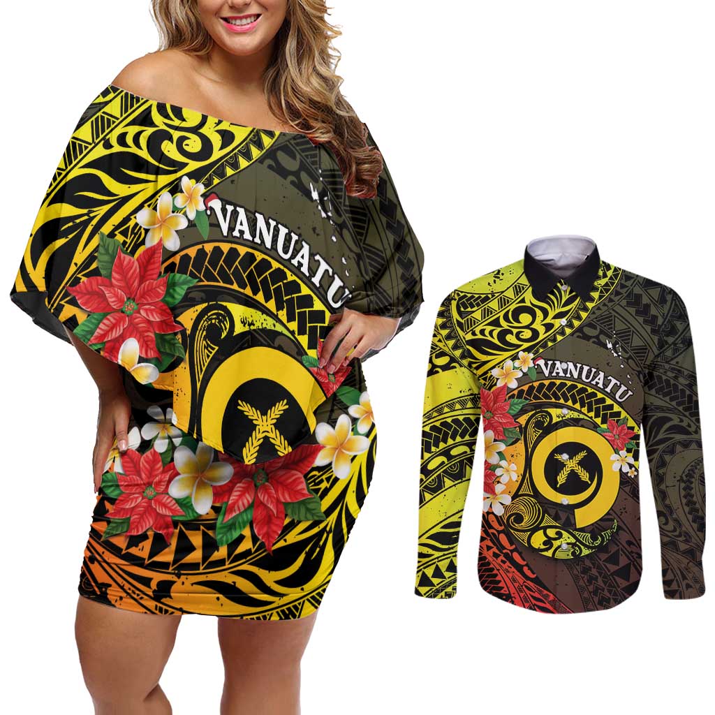 Vanuatu Christmas Couples Matching Off Shoulder Short Dress and Long Sleeve Button Shirt Vanuatuan Pig Tusk - Meri Krismas! LT14 Black - Polynesian Pride