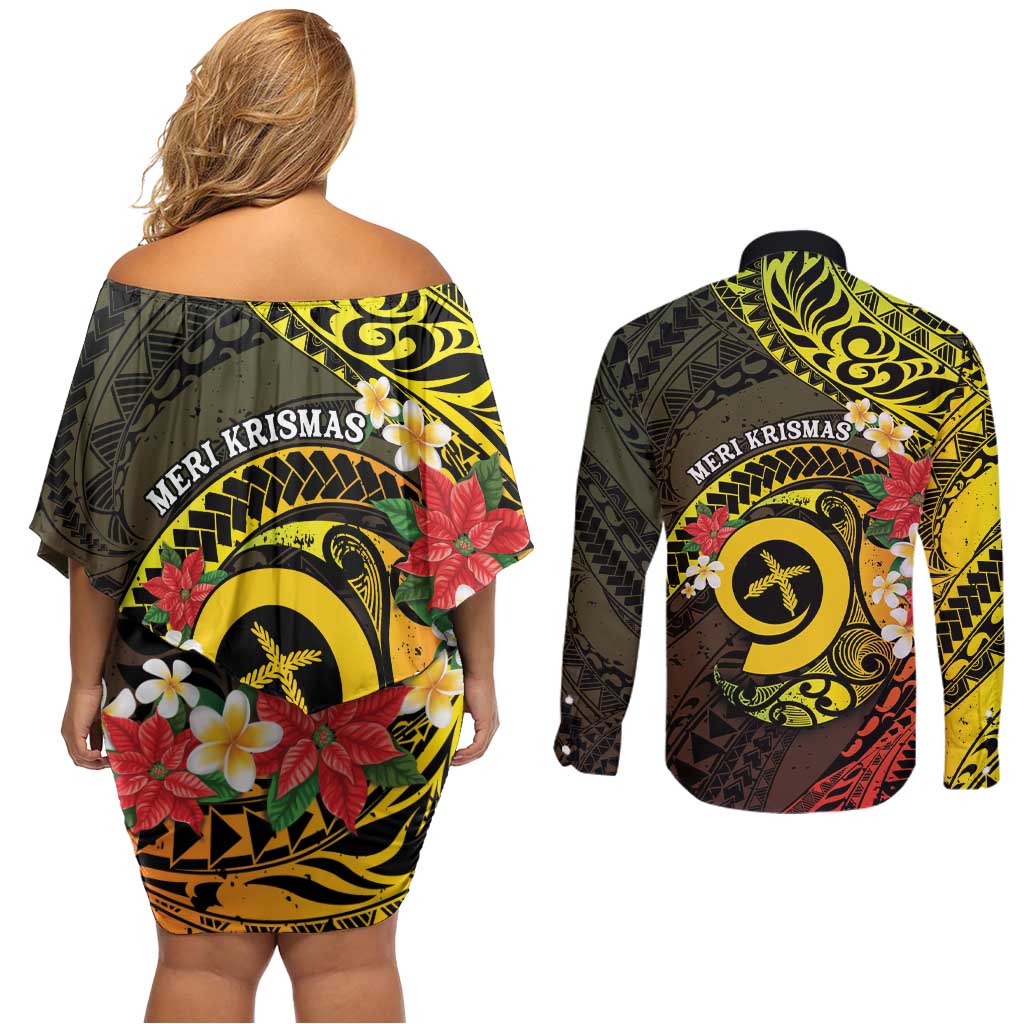 Vanuatu Christmas Couples Matching Off Shoulder Short Dress and Long Sleeve Button Shirt Vanuatuan Pig Tusk - Meri Krismas! LT14 - Polynesian Pride