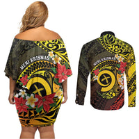 Vanuatu Christmas Couples Matching Off Shoulder Short Dress and Long Sleeve Button Shirt Vanuatuan Pig Tusk - Meri Krismas! LT14 - Polynesian Pride