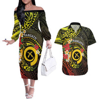 Vanuatu Christmas Couples Matching Off The Shoulder Long Sleeve Dress and Hawaiian Shirt Vanuatuan Pig Tusk - Meri Krismas! LT14 Black - Polynesian Pride