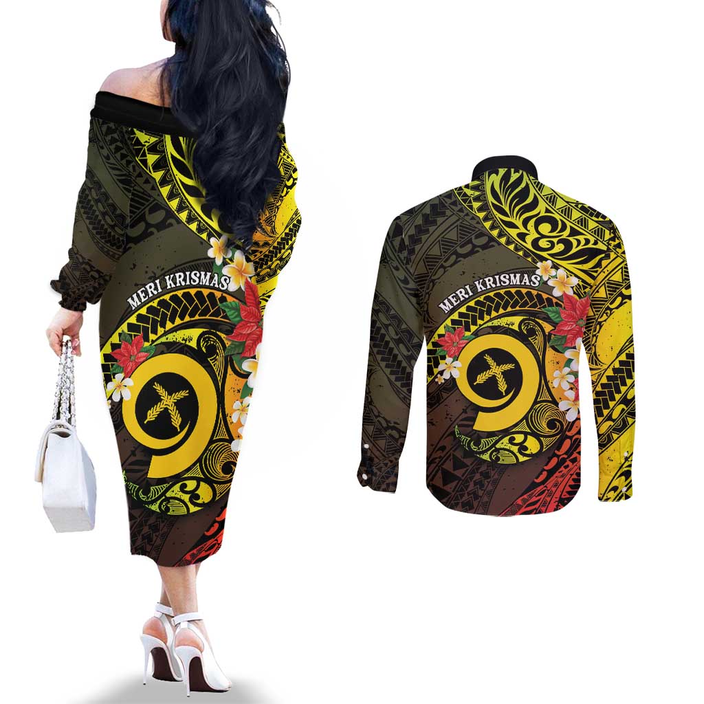 Vanuatu Christmas Couples Matching Off The Shoulder Long Sleeve Dress and Long Sleeve Button Shirt Vanuatuan Pig Tusk - Meri Krismas! LT14 - Polynesian Pride
