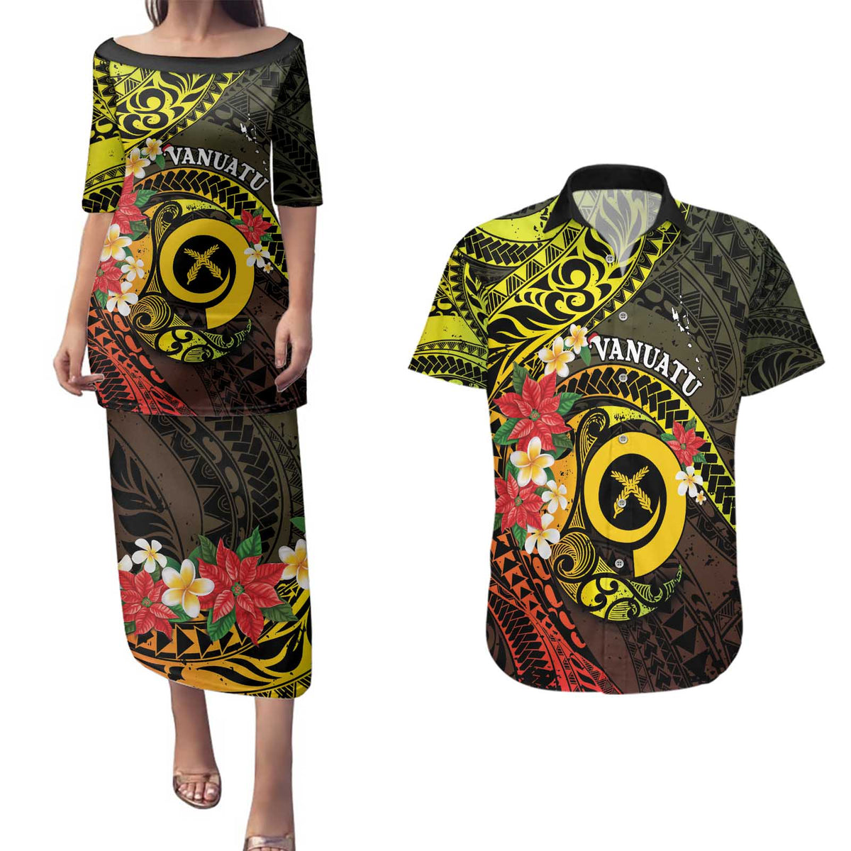 Vanuatu Christmas Couples Matching Puletasi and Hawaiian Shirt Vanuatuan Pig Tusk - Meri Krismas! LT14 Black - Polynesian Pride