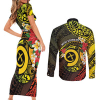 Vanuatu Christmas Couples Matching Short Sleeve Bodycon Dress and Long Sleeve Button Shirt Vanuatuan Pig Tusk - Meri Krismas! LT14 - Polynesian Pride
