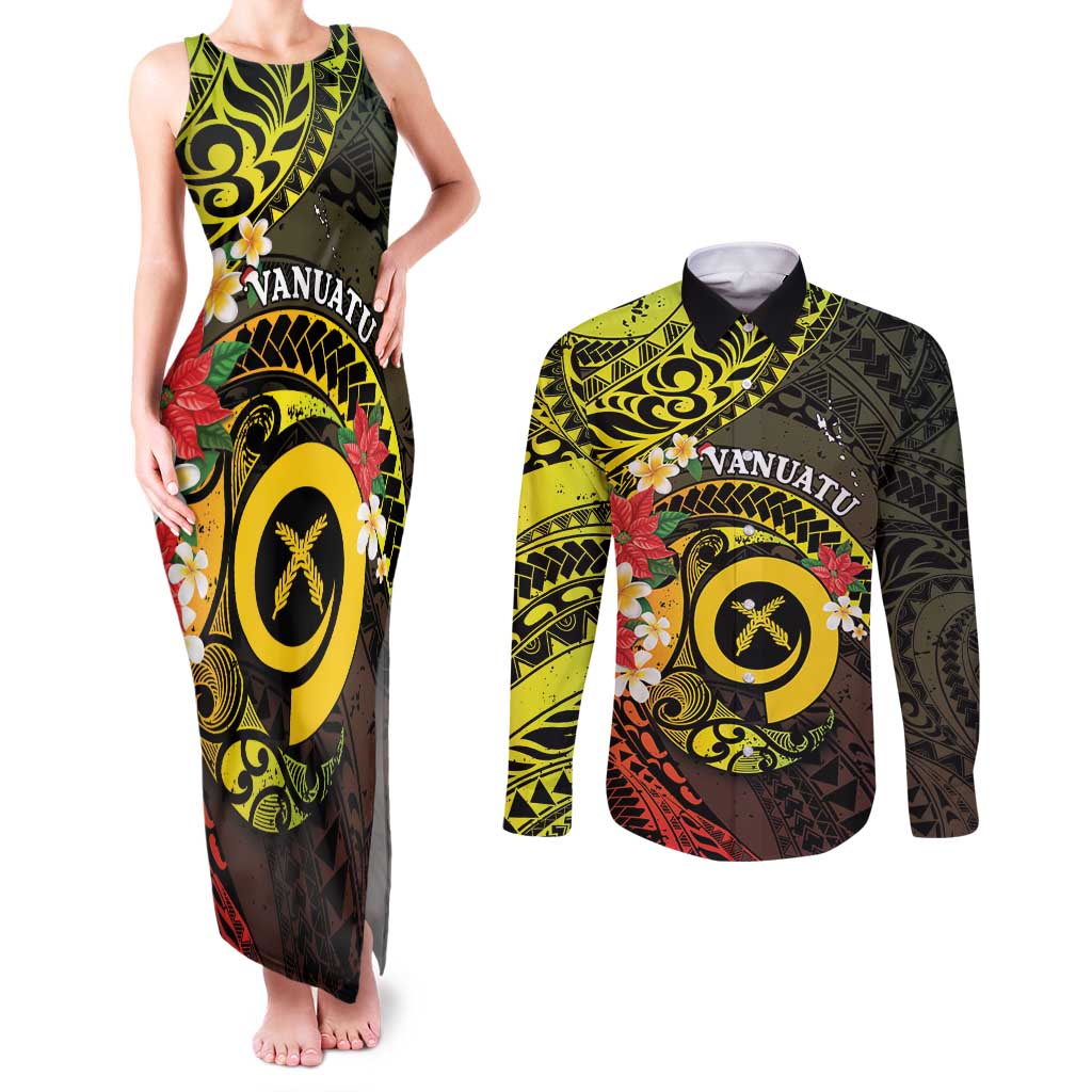 Vanuatu Christmas Couples Matching Tank Maxi Dress and Long Sleeve Button Shirt Vanuatuan Pig Tusk - Meri Krismas! LT14 Black - Polynesian Pride