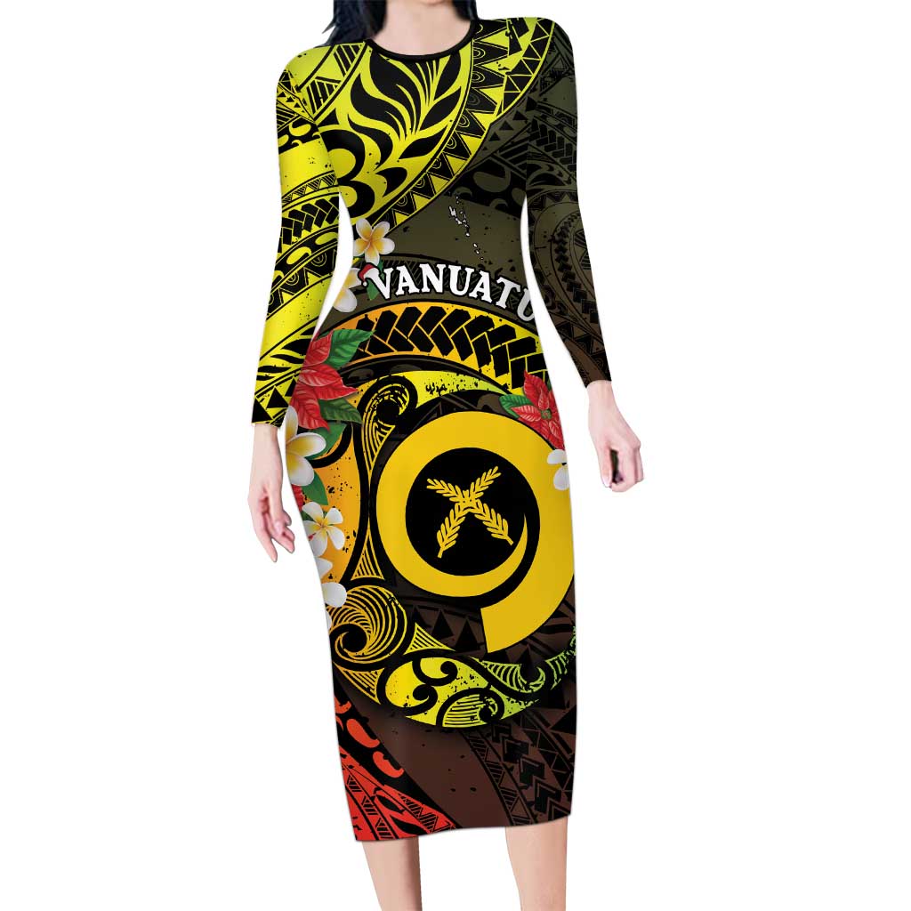 Vanuatu Christmas Family Matching Long Sleeve Bodycon Dress and Hawaiian Shirt Vanuatuan Pig Tusk - Meri Krismas! LT14 Mom's Dress Black - Polynesian Pride