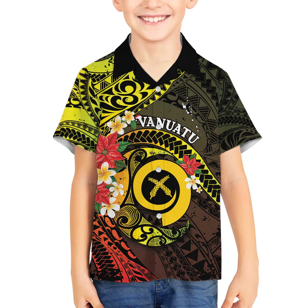 Vanuatu Christmas Family Matching Off The Shoulder Long Sleeve Dress and Hawaiian Shirt Vanuatuan Pig Tusk - Meri Krismas! LT14 Son's Shirt Black - Polynesian Pride