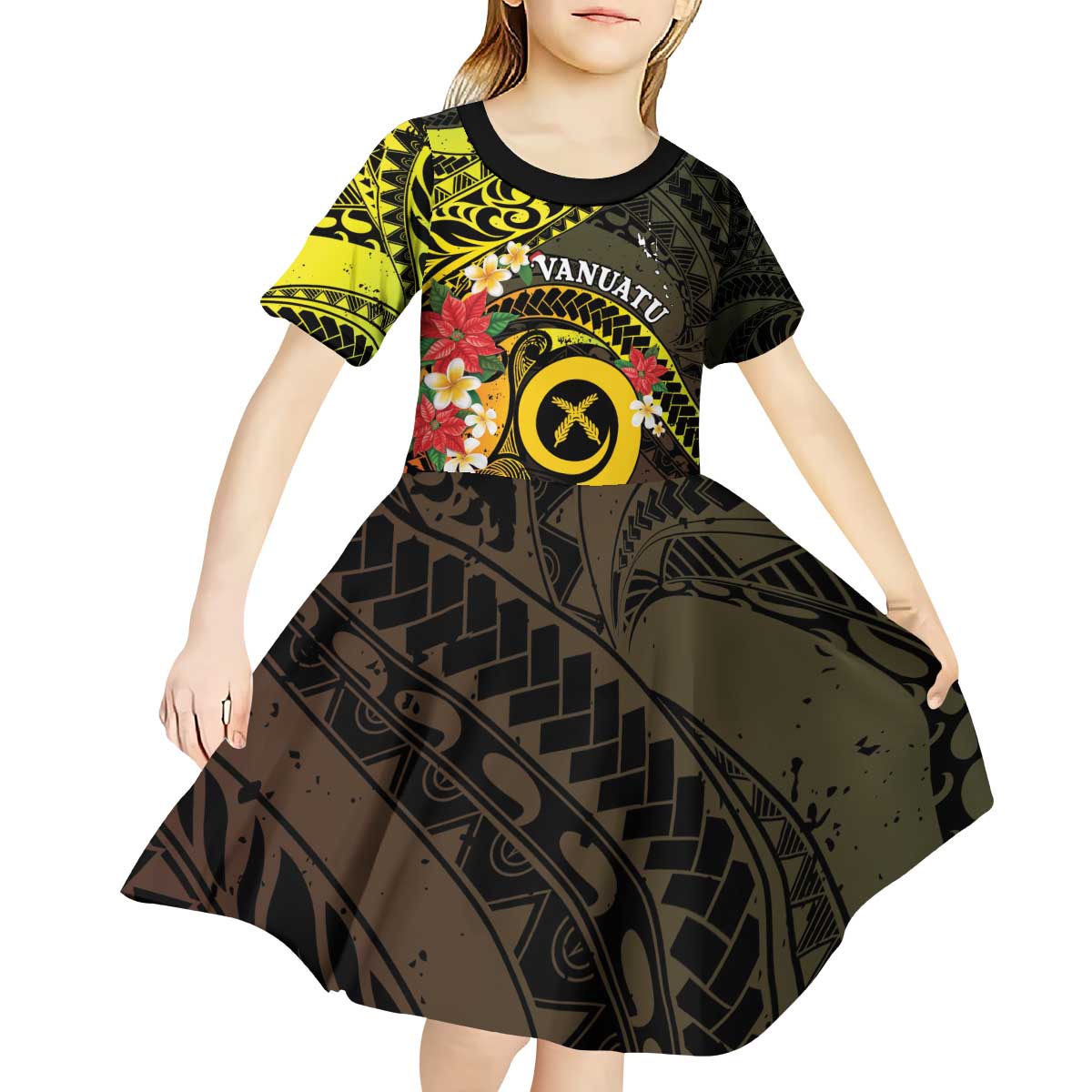 Vanuatu Christmas Kid Short Sleeve Dress Vanuatuan Pig Tusk - Meri Krismas! LT14 - Polynesian Pride