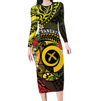 Vanuatu Christmas Long Sleeve Bodycon Dress Vanuatuan Pig Tusk - Meri Krismas! LT14 Long Dress Black - Polynesian Pride