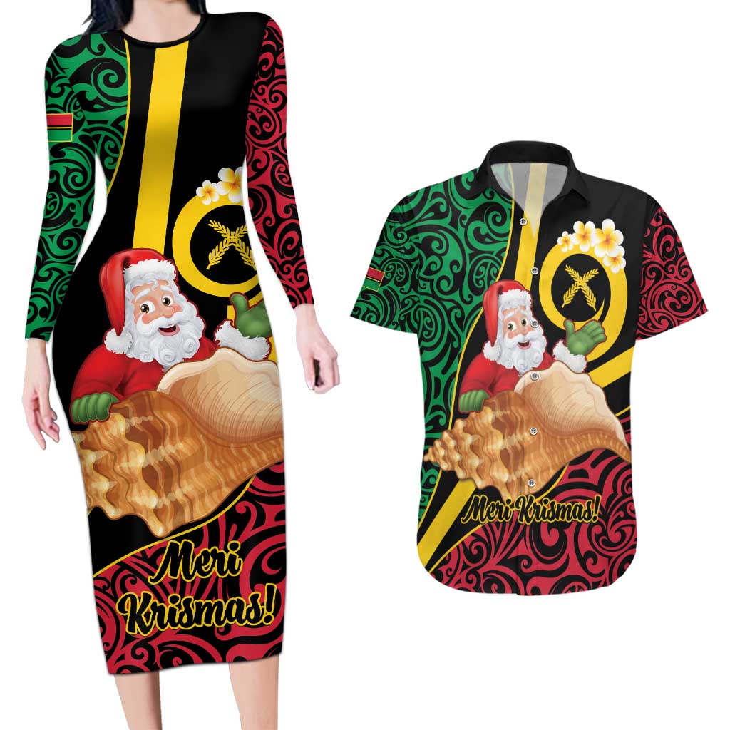 Vanuatu Christmas Couples Matching Long Sleeve Bodycon Dress and Hawaiian Shirt Vanuatuan Conch Shell - Meri Krismas! LT14 Black - Polynesian Pride
