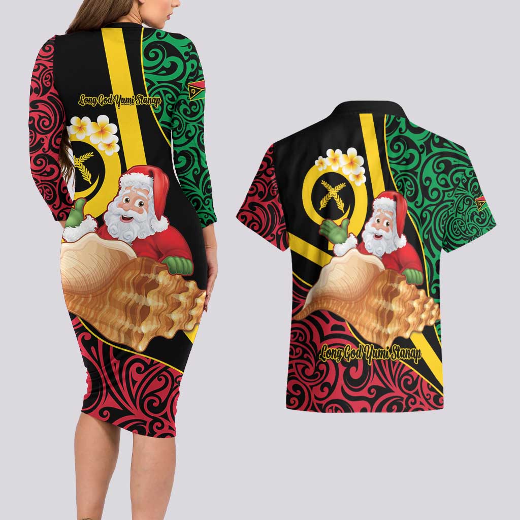 Vanuatu Christmas Couples Matching Long Sleeve Bodycon Dress and Hawaiian Shirt Vanuatuan Conch Shell - Meri Krismas! LT14 - Polynesian Pride