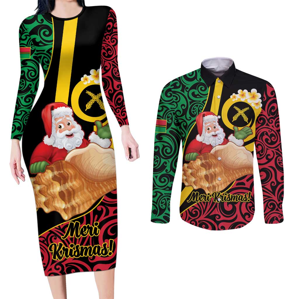Vanuatu Christmas Couples Matching Long Sleeve Bodycon Dress and Long Sleeve Button Shirt Vanuatuan Conch Shell - Meri Krismas! LT14 Black - Polynesian Pride