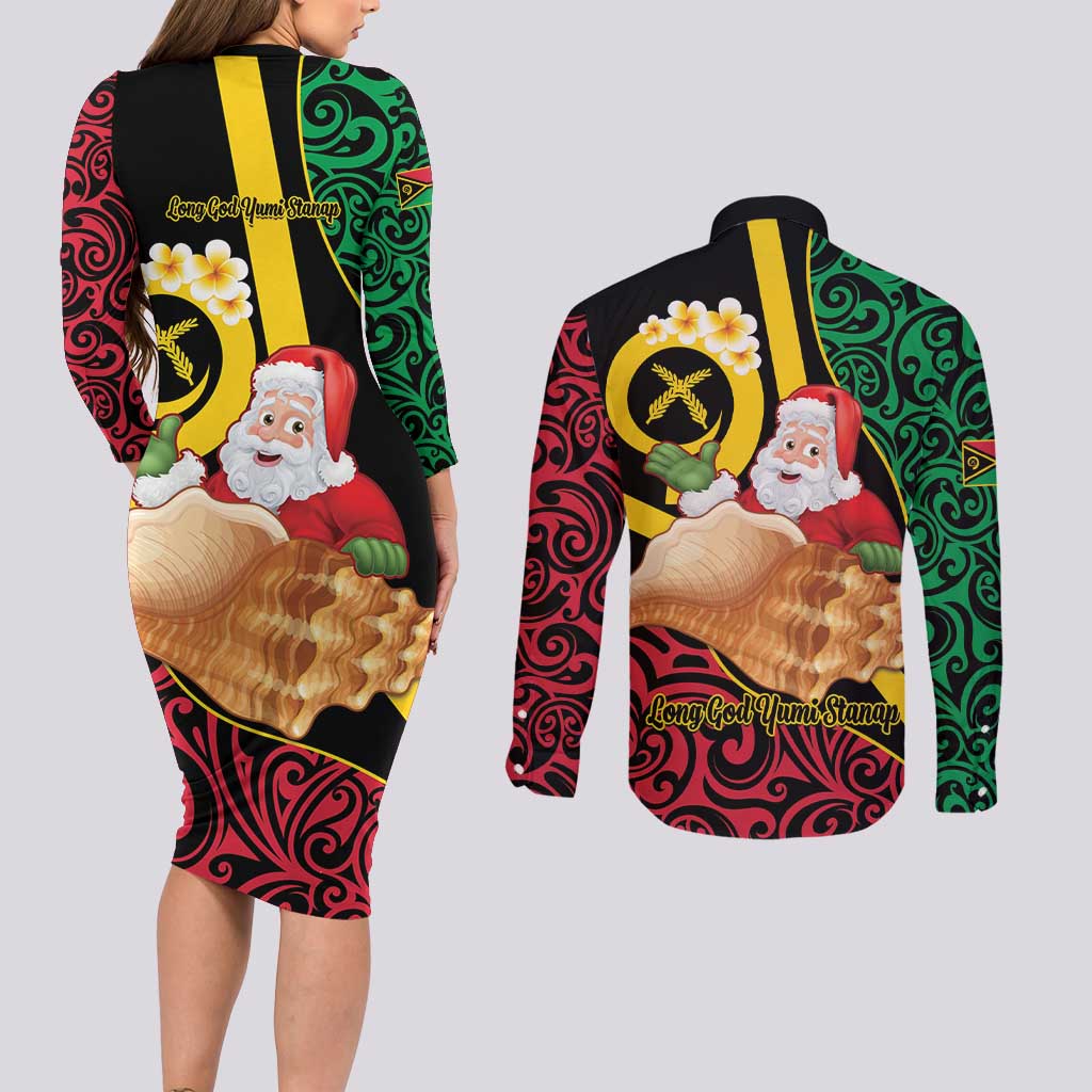Vanuatu Christmas Couples Matching Long Sleeve Bodycon Dress and Long Sleeve Button Shirt Vanuatuan Conch Shell - Meri Krismas! LT14 - Polynesian Pride