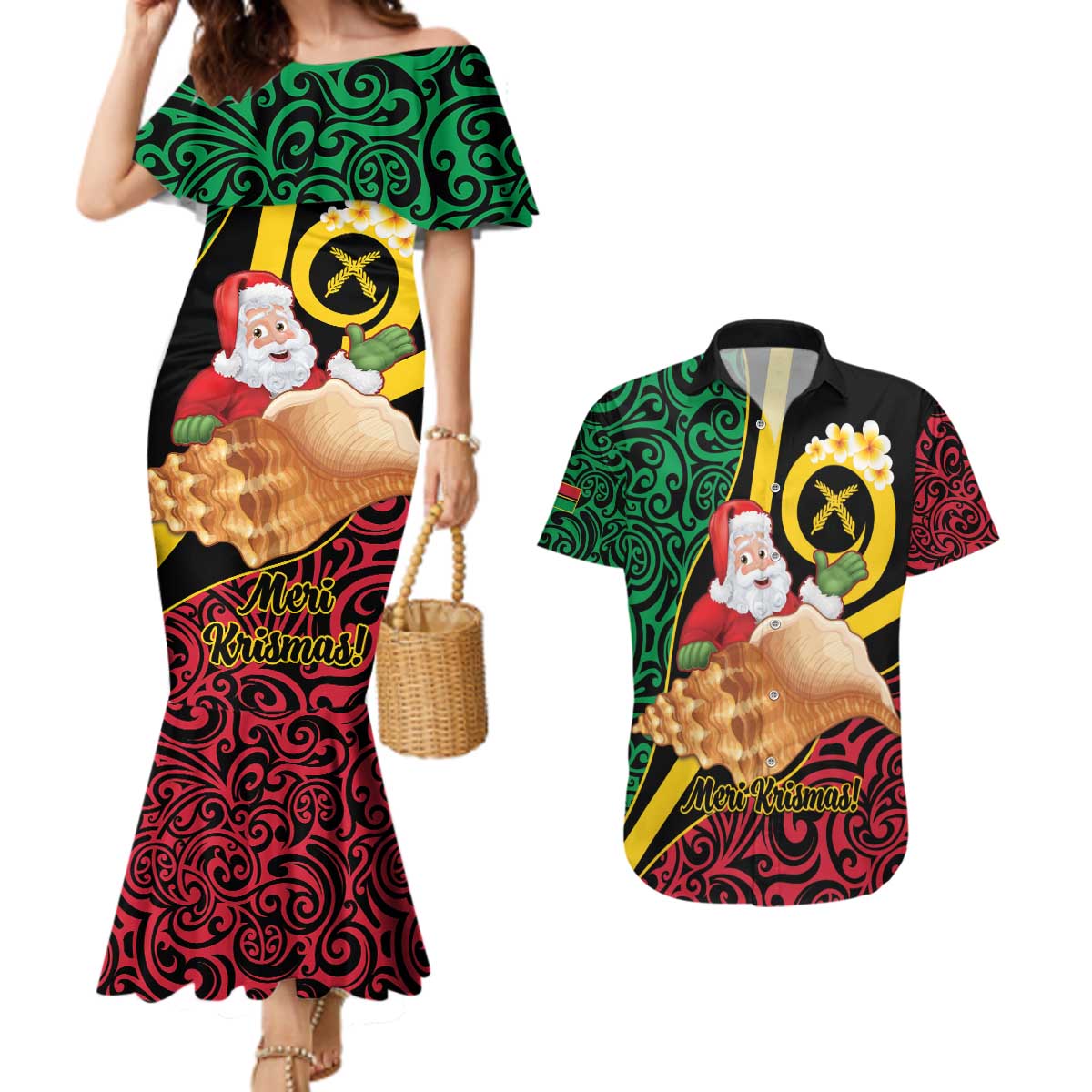 Vanuatu Christmas Couples Matching Mermaid Dress and Hawaiian Shirt Vanuatuan Conch Shell - Meri Krismas! LT14 Black - Polynesian Pride