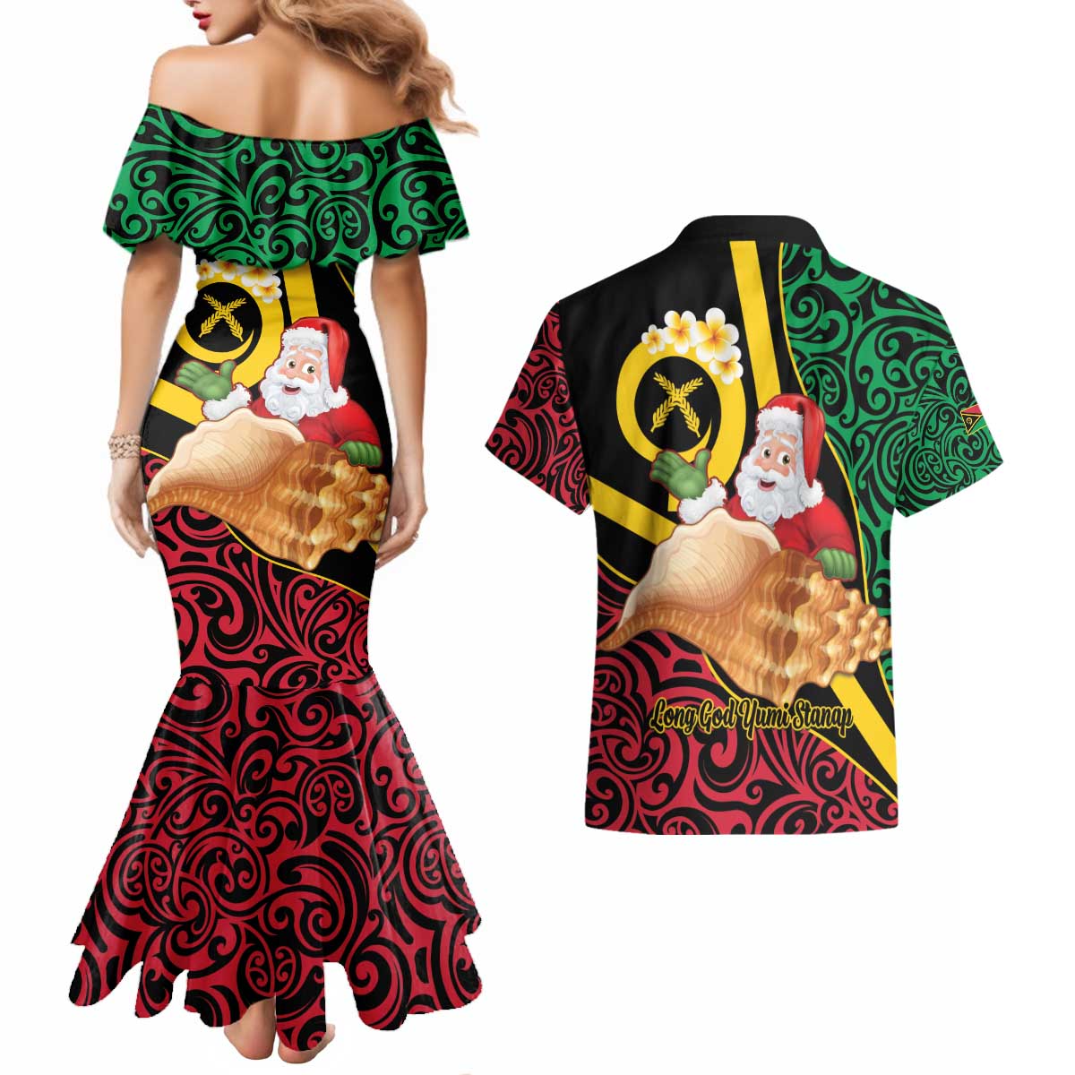 Vanuatu Christmas Couples Matching Mermaid Dress and Hawaiian Shirt Vanuatuan Conch Shell - Meri Krismas! LT14 - Polynesian Pride