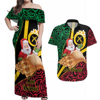 Vanuatu Christmas Couples Matching Off Shoulder Maxi Dress and Hawaiian Shirt Vanuatuan Conch Shell - Meri Krismas! LT14 Black - Polynesian Pride
