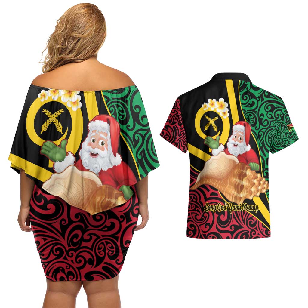 Vanuatu Christmas Couples Matching Off Shoulder Short Dress and Hawaiian Shirt Vanuatuan Conch Shell - Meri Krismas! LT14 - Polynesian Pride