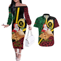 Vanuatu Christmas Couples Matching Off The Shoulder Long Sleeve Dress and Hawaiian Shirt Vanuatuan Conch Shell - Meri Krismas! LT14 Black - Polynesian Pride