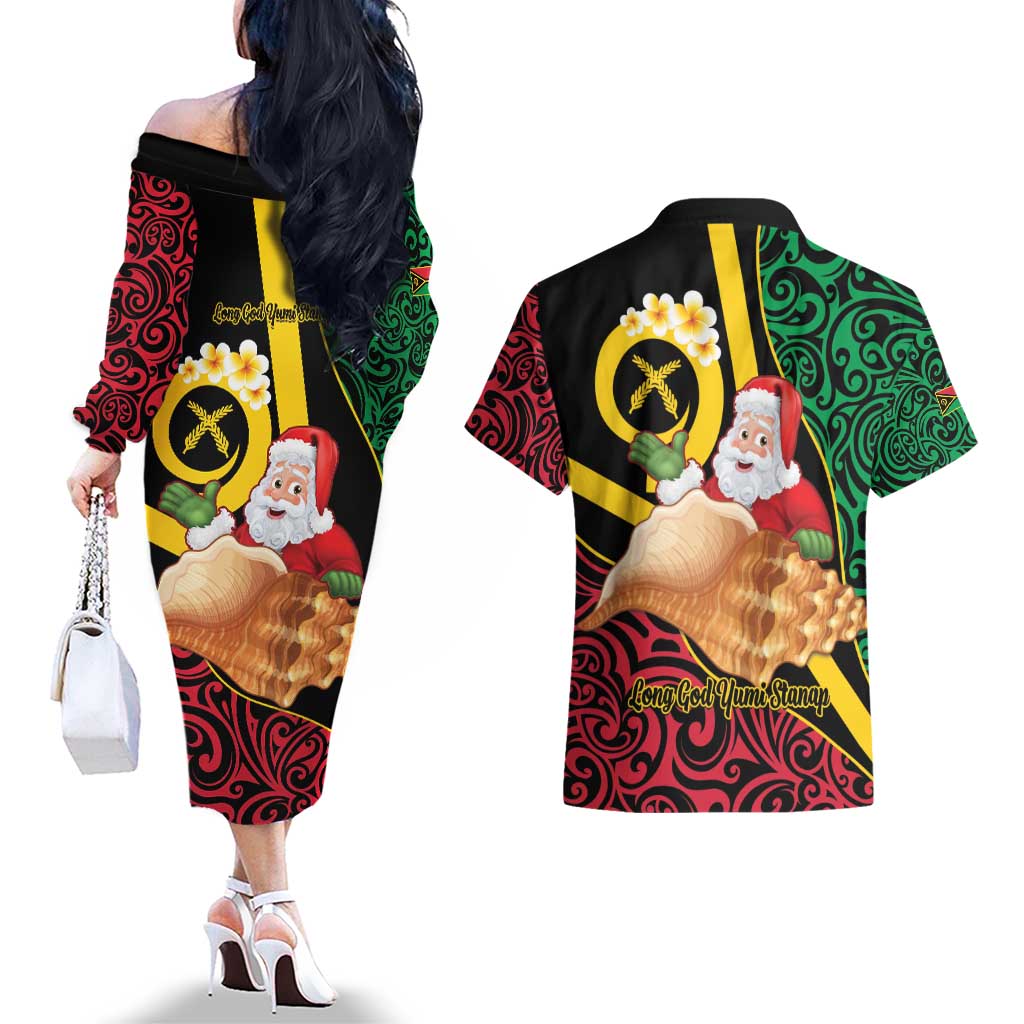 Vanuatu Christmas Couples Matching Off The Shoulder Long Sleeve Dress and Hawaiian Shirt Vanuatuan Conch Shell - Meri Krismas! LT14 - Polynesian Pride
