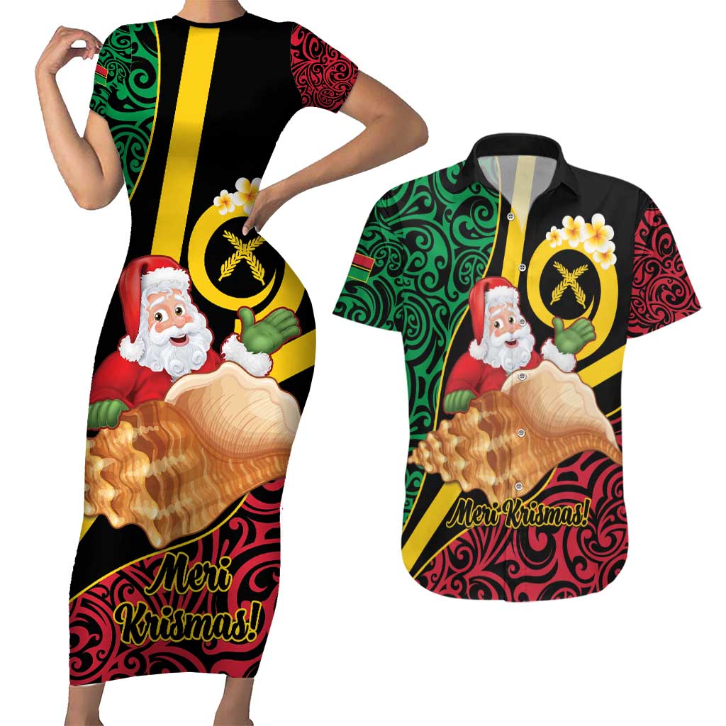 Vanuatu Christmas Couples Matching Short Sleeve Bodycon Dress and Hawaiian Shirt Vanuatuan Conch Shell - Meri Krismas! LT14 Black - Polynesian Pride