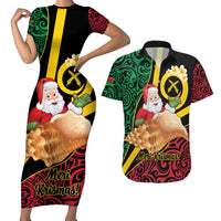 Vanuatu Christmas Couples Matching Short Sleeve Bodycon Dress and Hawaiian Shirt Vanuatuan Conch Shell - Meri Krismas! LT14 Black - Polynesian Pride
