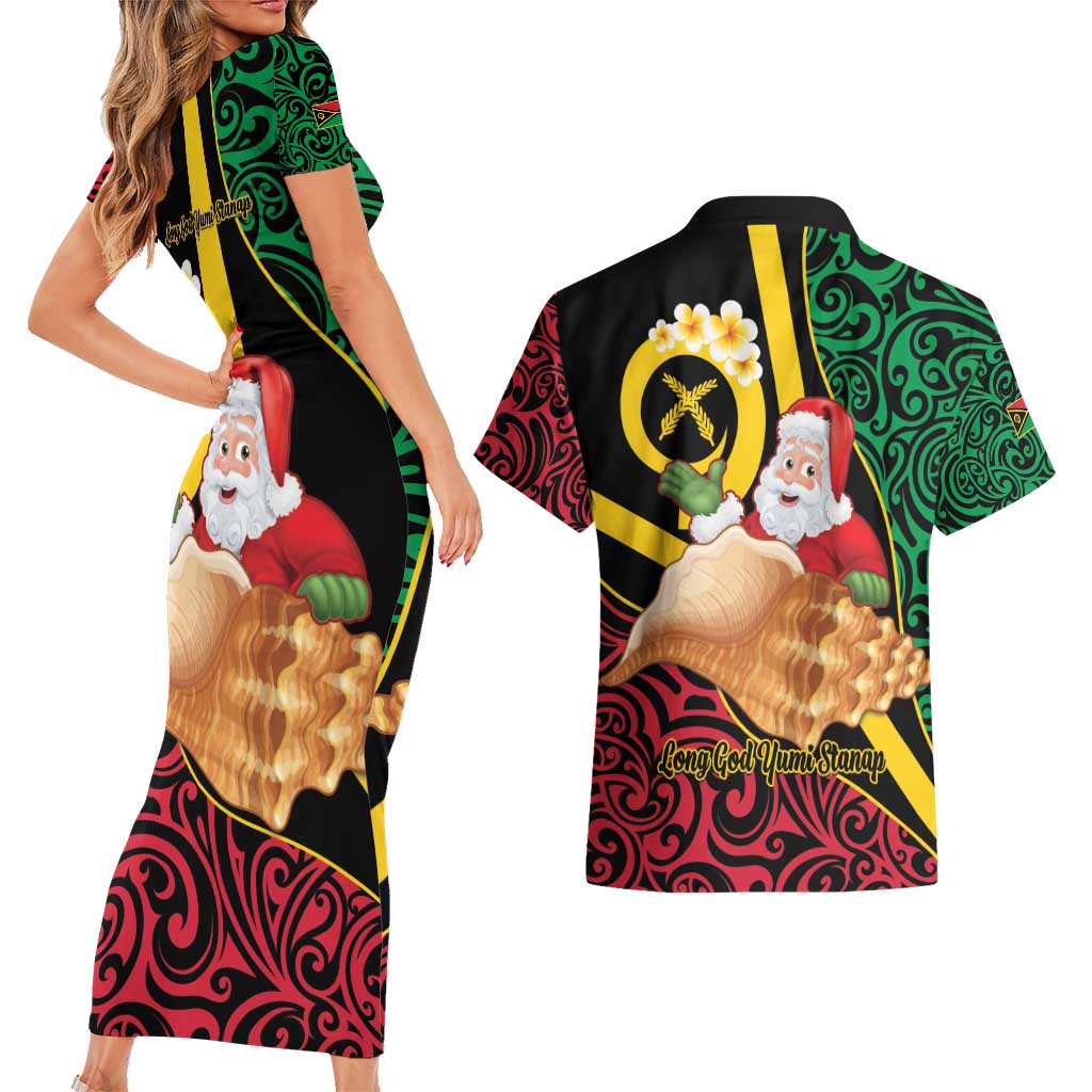 Vanuatu Christmas Couples Matching Short Sleeve Bodycon Dress and Hawaiian Shirt Vanuatuan Conch Shell - Meri Krismas! LT14 - Polynesian Pride