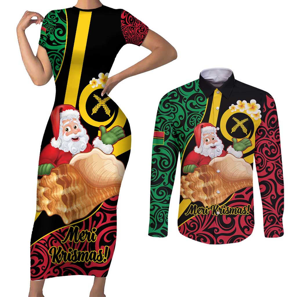 Vanuatu Christmas Couples Matching Short Sleeve Bodycon Dress and Long Sleeve Button Shirt Vanuatuan Conch Shell - Meri Krismas! LT14 Black - Polynesian Pride
