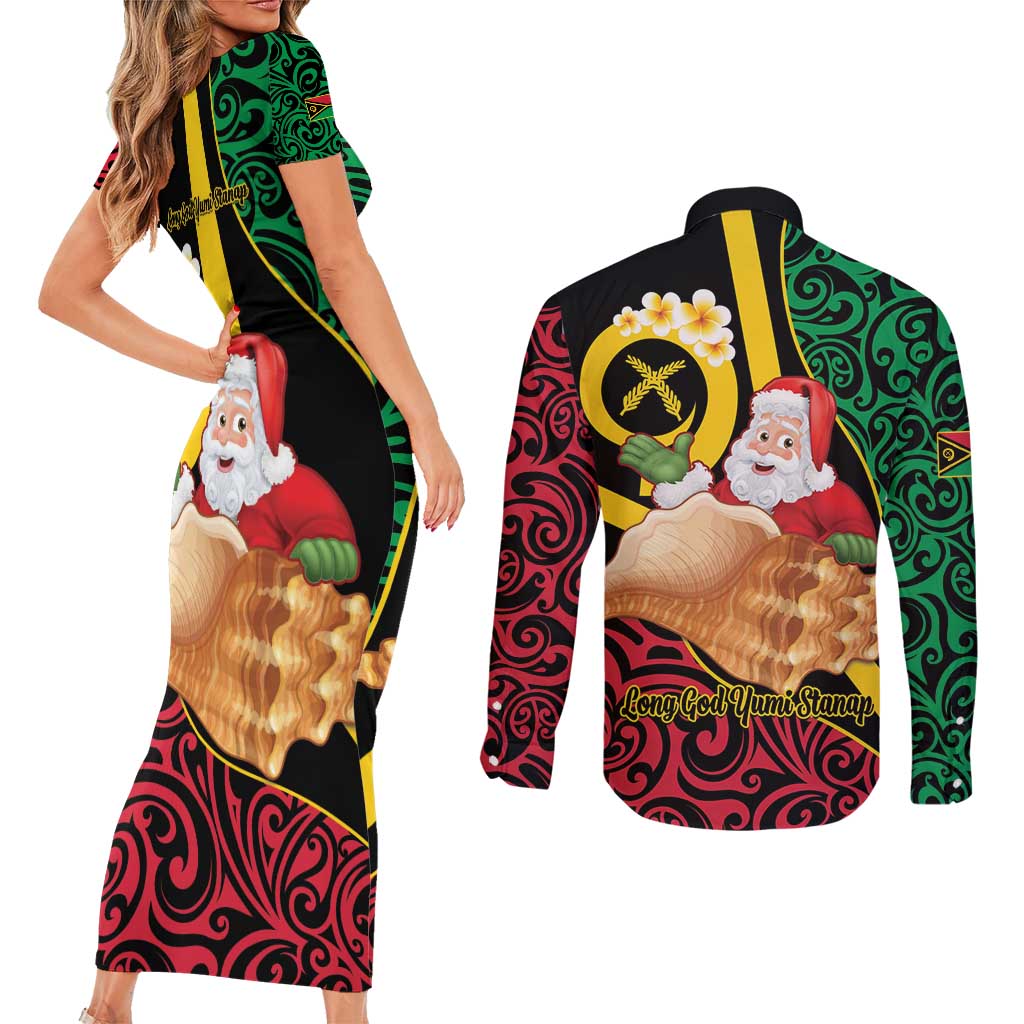 Vanuatu Christmas Couples Matching Short Sleeve Bodycon Dress and Long Sleeve Button Shirt Vanuatuan Conch Shell - Meri Krismas! LT14 - Polynesian Pride