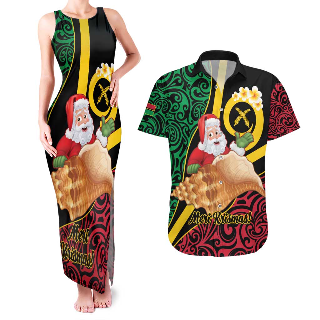 Vanuatu Christmas Couples Matching Tank Maxi Dress and Hawaiian Shirt Vanuatuan Conch Shell - Meri Krismas! LT14 Black - Polynesian Pride