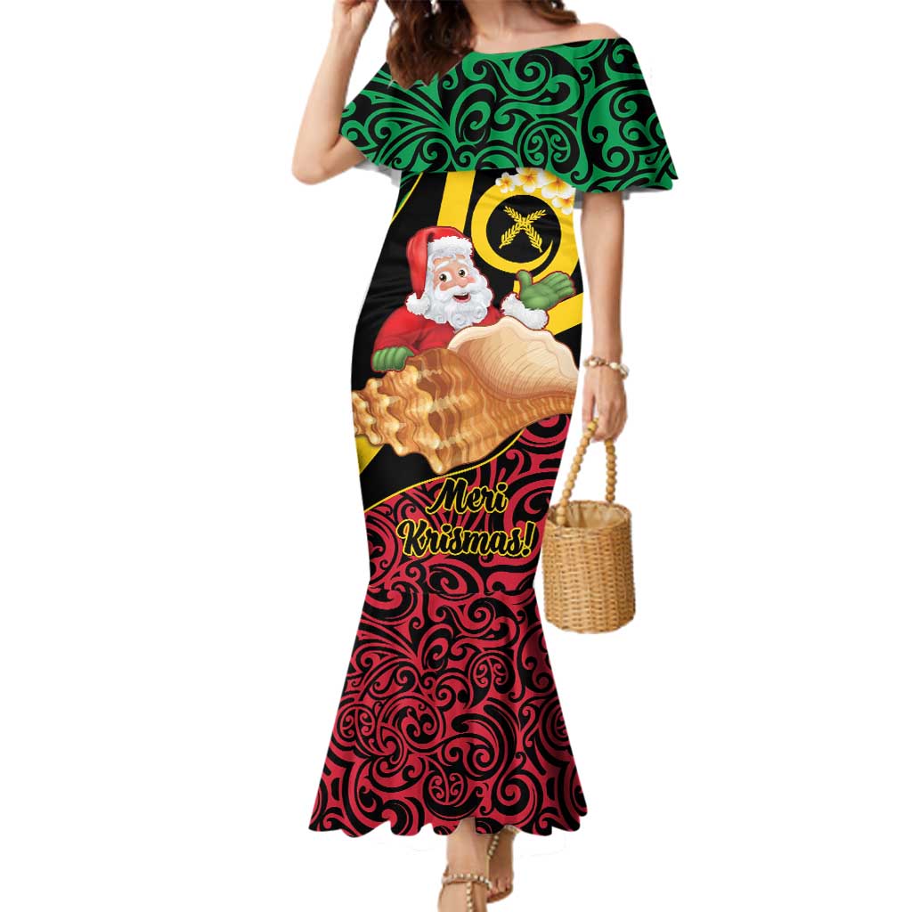 Vanuatu Christmas Family Matching Mermaid Dress and Hawaiian Shirt Vanuatuan Conch Shell - Meri Krismas! LT14 Mom's Dress Black - Polynesian Pride