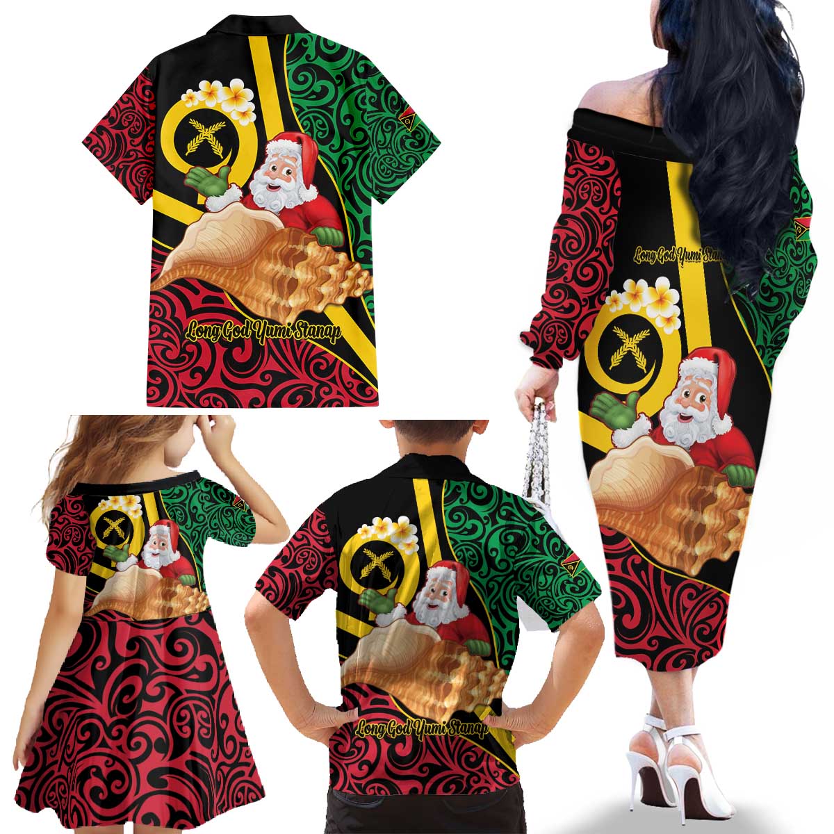 Vanuatu Christmas Family Matching Off The Shoulder Long Sleeve Dress and Hawaiian Shirt Vanuatuan Conch Shell - Meri Krismas! LT14 - Polynesian Pride