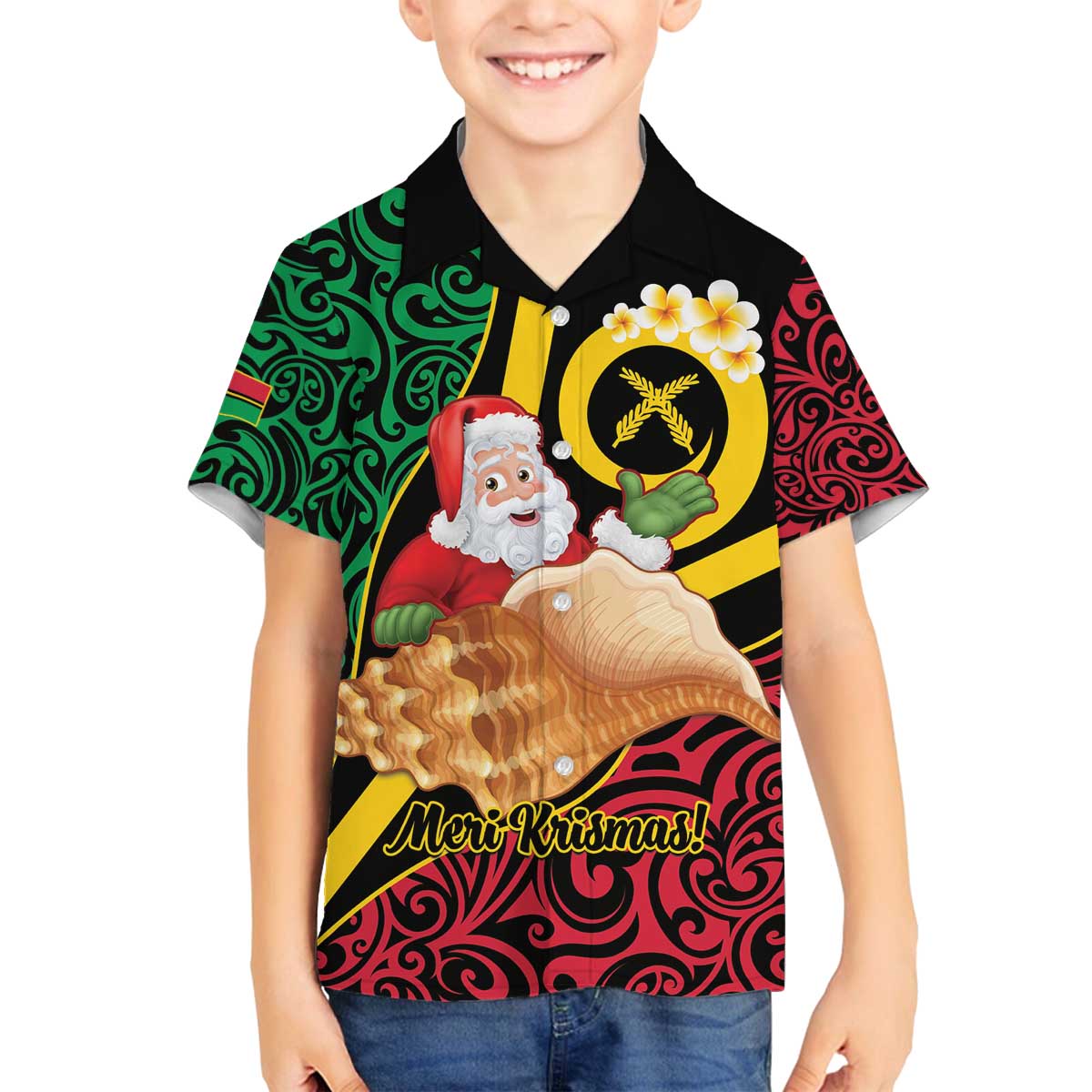 Vanuatu Christmas Family Matching Off The Shoulder Long Sleeve Dress and Hawaiian Shirt Vanuatuan Conch Shell - Meri Krismas! LT14 Son's Shirt Black - Polynesian Pride