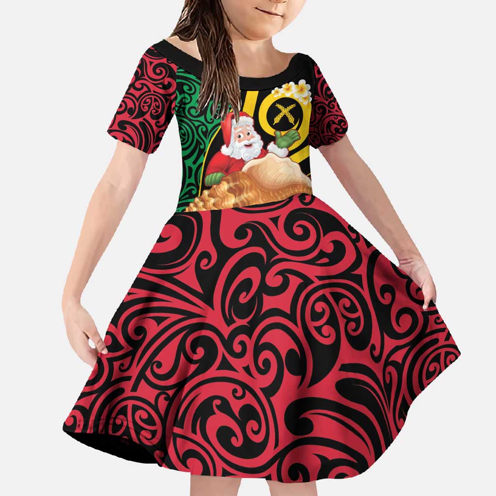 Vanuatu Christmas Family Matching Off Shoulder Maxi Dress and Hawaiian Shirt Vanuatuan Conch Shell - Meri Krismas! LT14 Daughter's Dress Black - Polynesian Pride