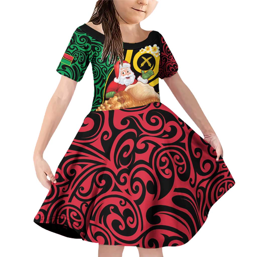 Vanuatu Christmas Family Matching Off Shoulder Short Dress and Hawaiian Shirt Vanuatuan Conch Shell - Meri Krismas! LT14 Daughter's Dress Black - Polynesian Pride