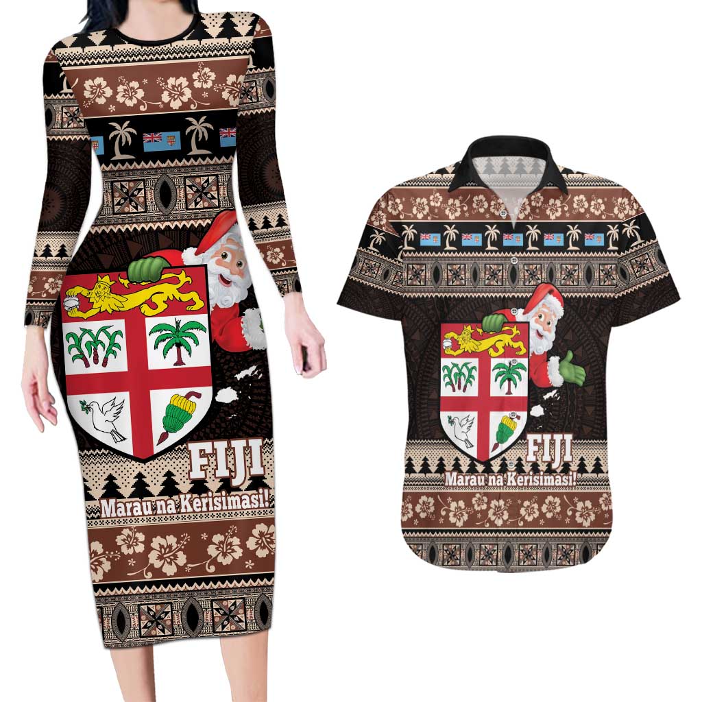 Fiji Christmas Couples Matching Long Sleeve Bodycon Dress and Hawaiian Shirt Fijian Masi Marau na Kerisimasi! - Brown LT14 Brown - Polynesian Pride