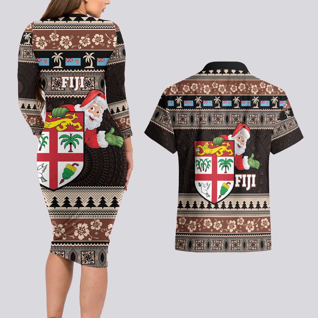 Fiji Christmas Couples Matching Long Sleeve Bodycon Dress and Hawaiian Shirt Fijian Masi Marau na Kerisimasi! - Brown LT14 - Polynesian Pride