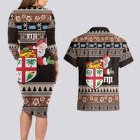 Fiji Christmas Couples Matching Long Sleeve Bodycon Dress and Hawaiian Shirt Fijian Masi Marau na Kerisimasi! - Brown LT14 - Polynesian Pride