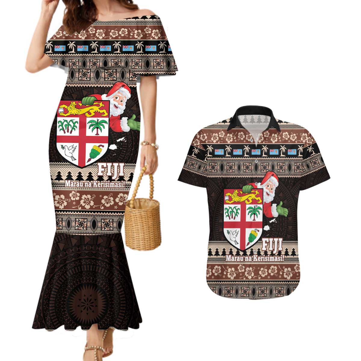 Fiji Christmas Couples Matching Mermaid Dress and Hawaiian Shirt Fijian Masi Marau na Kerisimasi! - Brown LT14 Brown - Polynesian Pride