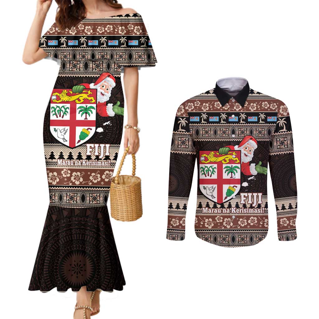 Fiji Christmas Couples Matching Mermaid Dress and Long Sleeve Button Shirt Fijian Masi Marau na Kerisimasi! - Brown LT14 Brown - Polynesian Pride