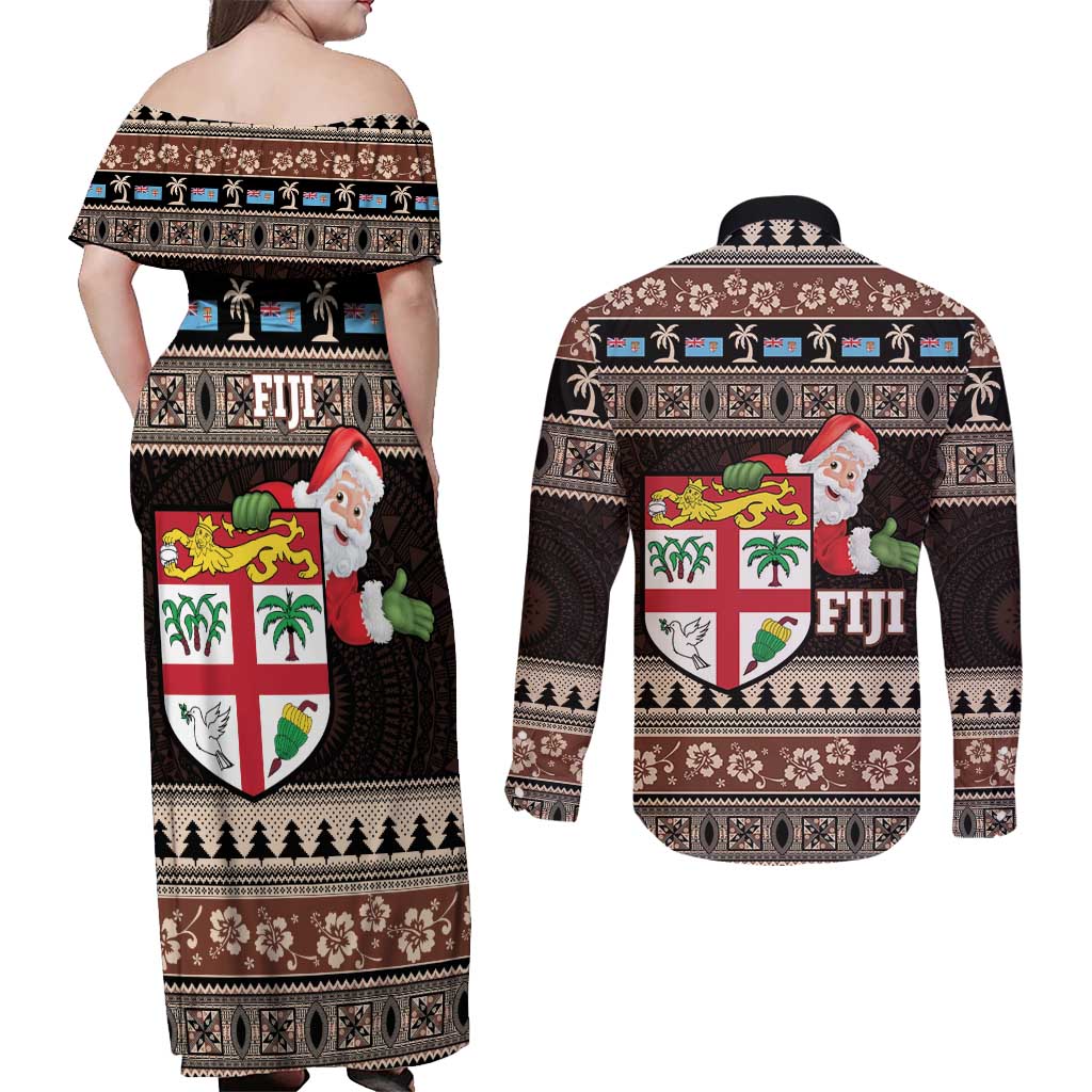 Fiji Christmas Couples Matching Off Shoulder Maxi Dress and Long Sleeve Button Shirt Fijian Masi Marau na Kerisimasi! - Brown LT14 - Polynesian Pride