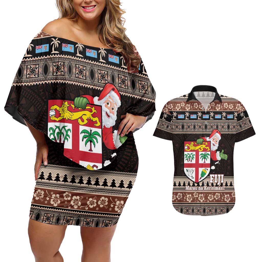 Fiji Christmas Couples Matching Off Shoulder Short Dress and Hawaiian Shirt Fijian Masi Marau na Kerisimasi! - Brown LT14 Brown - Polynesian Pride