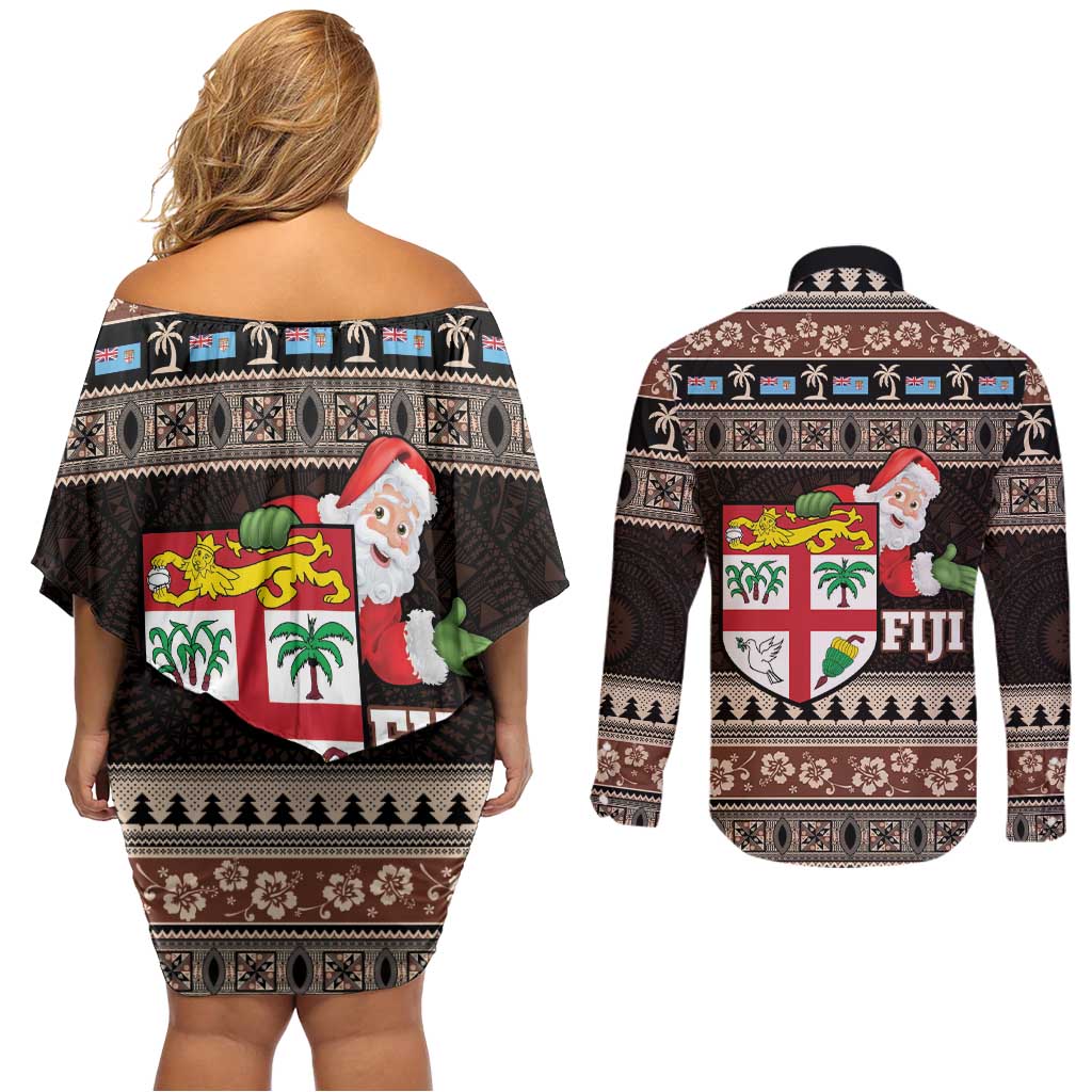 Fiji Christmas Couples Matching Off Shoulder Short Dress and Long Sleeve Button Shirt Fijian Masi Marau na Kerisimasi! - Brown LT14 - Polynesian Pride
