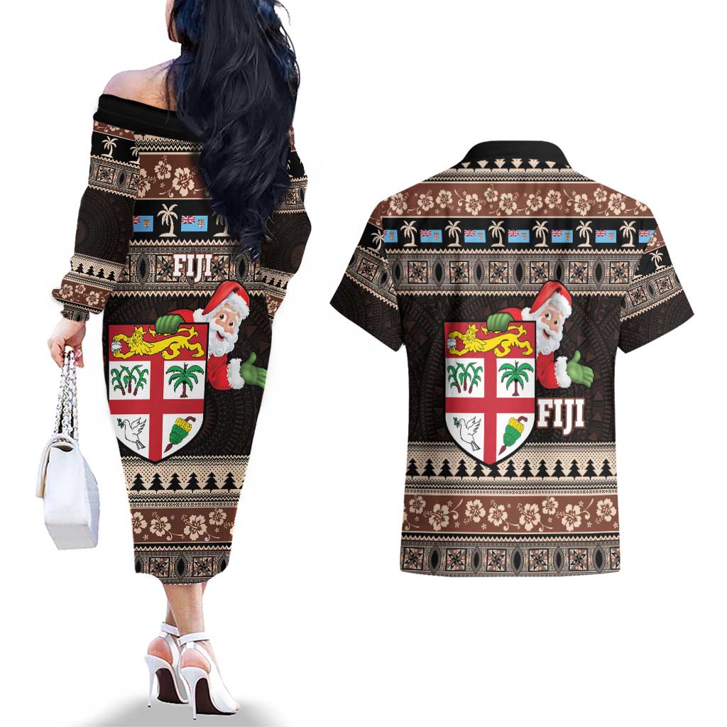 Fiji Christmas Couples Matching Off The Shoulder Long Sleeve Dress and Hawaiian Shirt Fijian Masi Marau na Kerisimasi! - Brown LT14 - Polynesian Pride