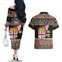 Fiji Christmas Couples Matching Off The Shoulder Long Sleeve Dress and Hawaiian Shirt Fijian Masi Marau na Kerisimasi! - Brown LT14 - Polynesian Pride