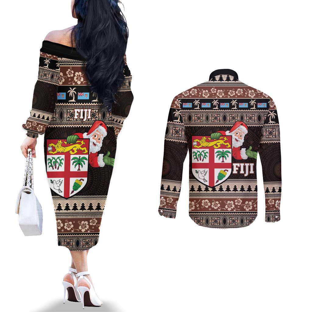 Fiji Christmas Couples Matching Off The Shoulder Long Sleeve Dress and Long Sleeve Button Shirt Fijian Masi Marau na Kerisimasi! - Brown LT14 - Polynesian Pride