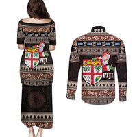 Fiji Christmas Couples Matching Puletasi and Long Sleeve Button Shirt Fijian Masi Marau na Kerisimasi! - Brown LT14 - Polynesian Pride